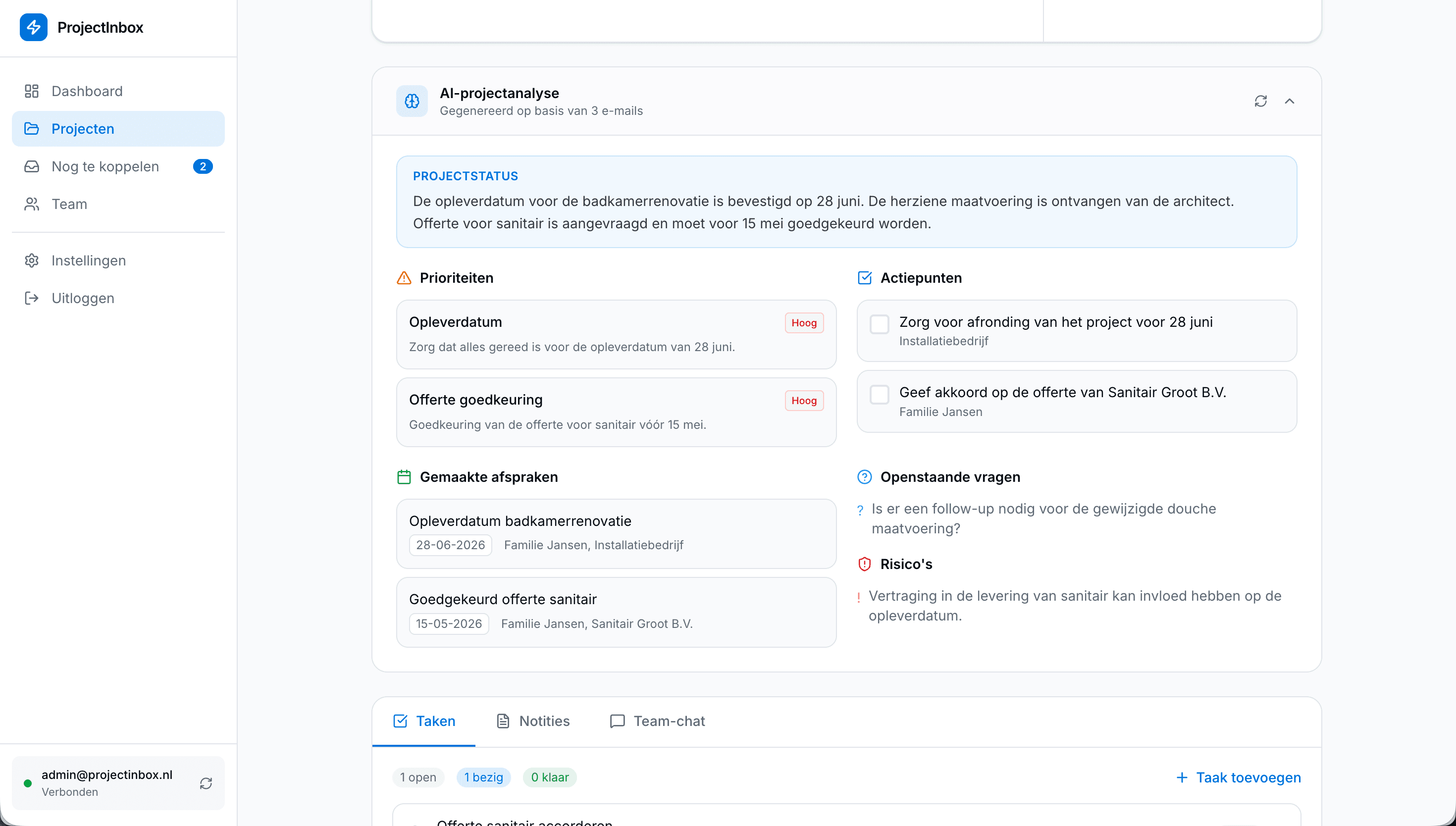 AI-projectanalyse met prioriteiten, actiepunten en afspraken