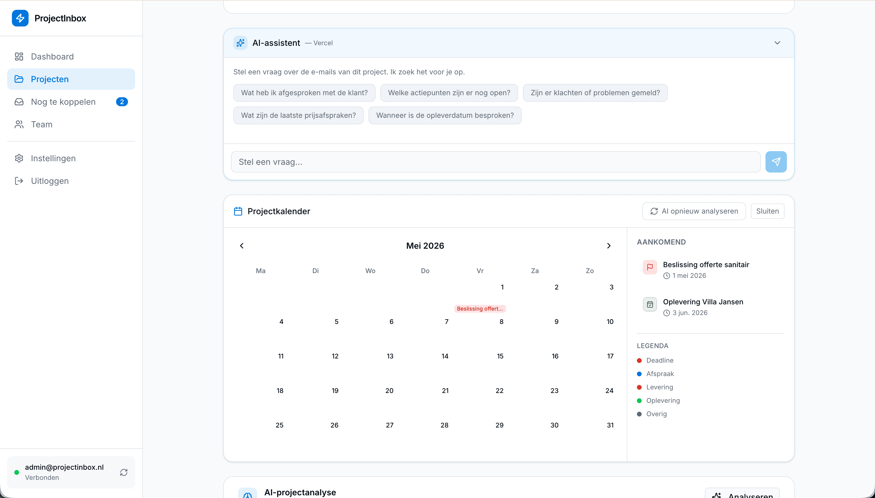 Projectkalender met deadlines en afspraken — AI herkent datums automatisch uit e-mails