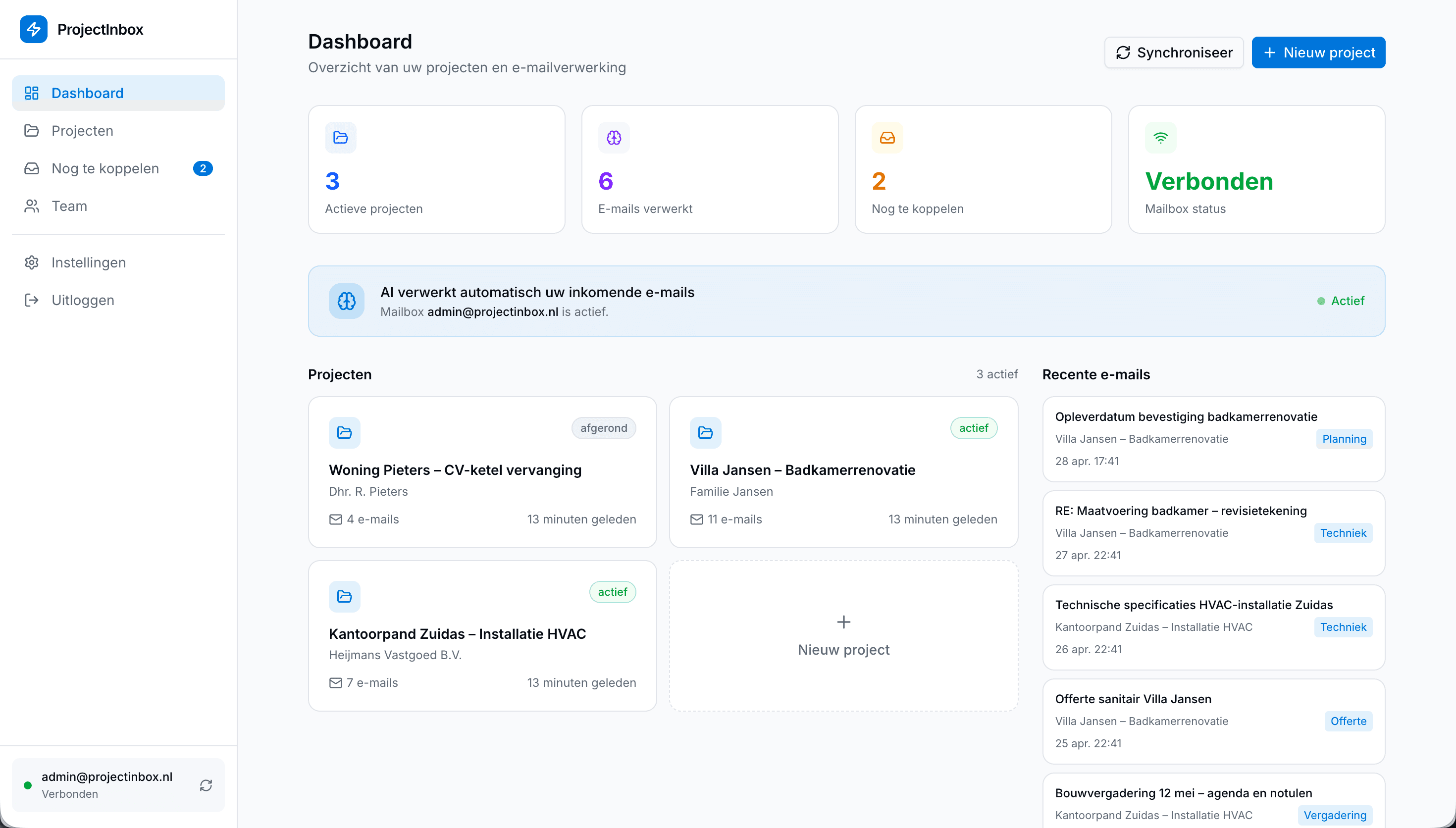 ProjectInbox dashboard — overzicht van actieve projecten en recente e-mails