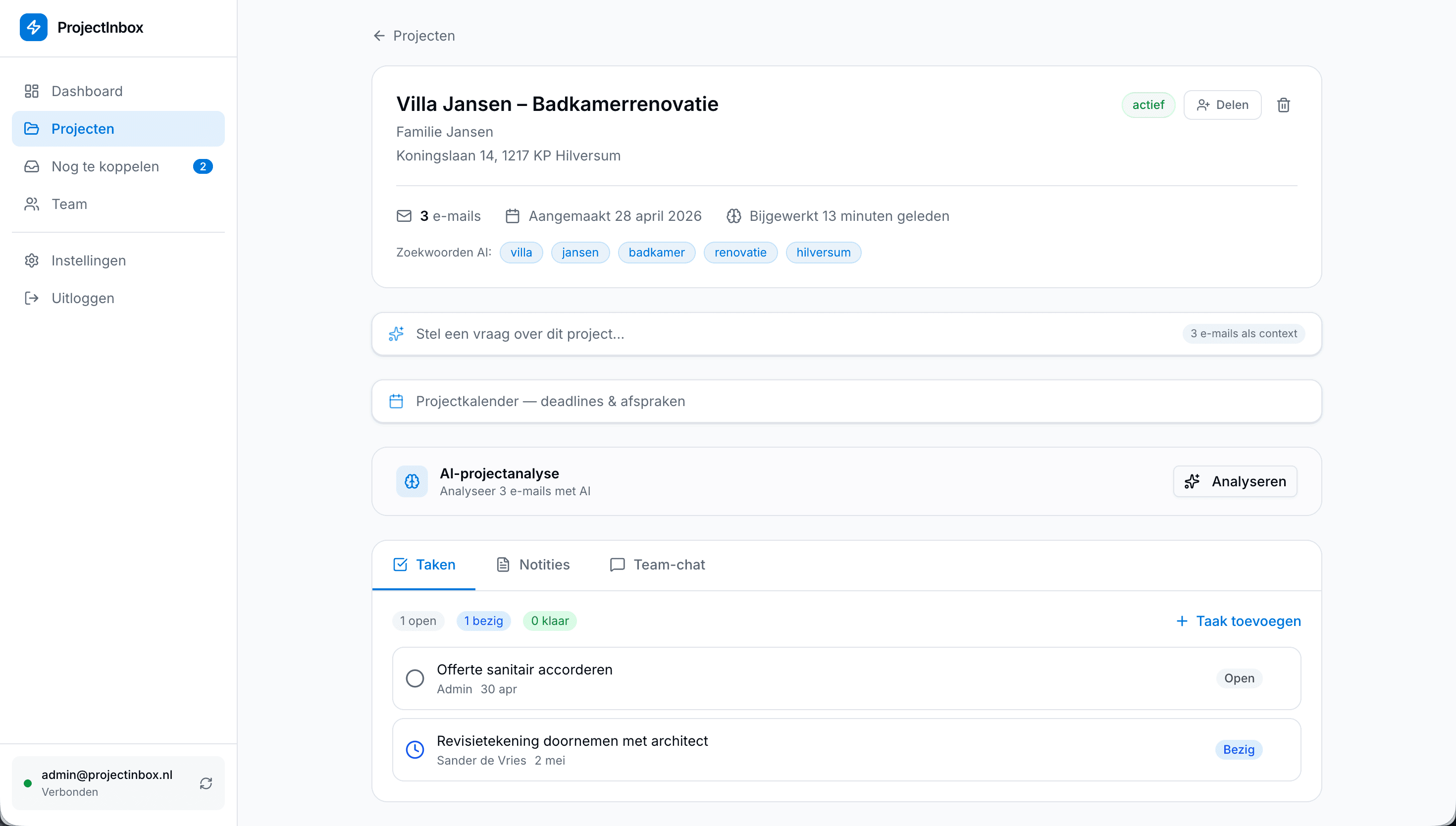 Projectdetailpagina met taken, notities en AI-assistent