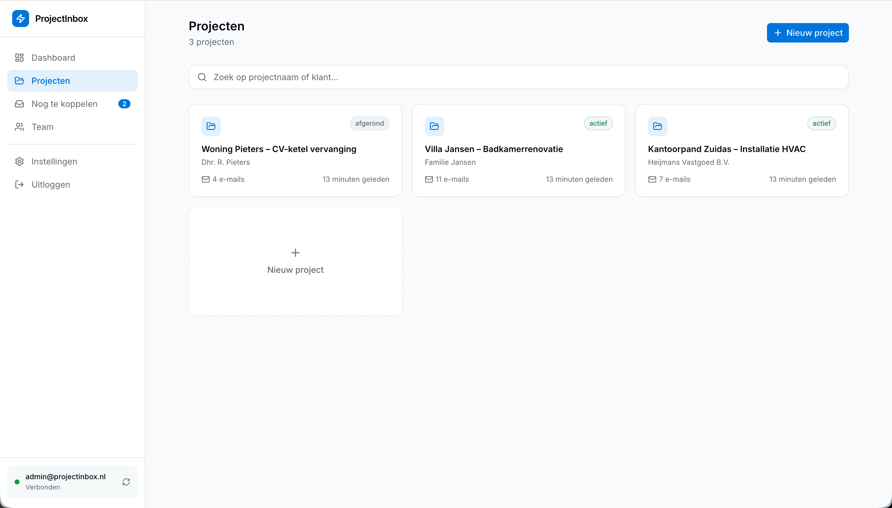 Projectenoverzicht in ProjectInbox